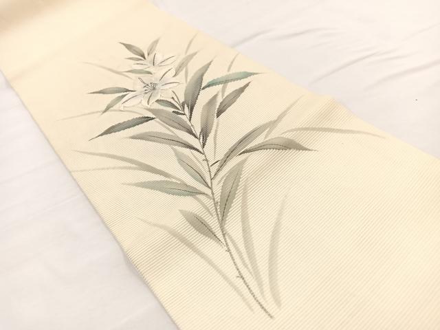 平和屋着物＊夏物　九寸開き名古屋帯　作家物　手描き　刺繍　百合　銀彩　正絹　逸品　BAAX7771hv