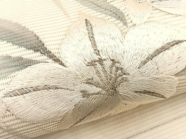 平和屋着物＊夏物　九寸開き名古屋帯　作家物　手描き　刺繍　百合　銀彩　正絹　逸品　BAAX7771hv