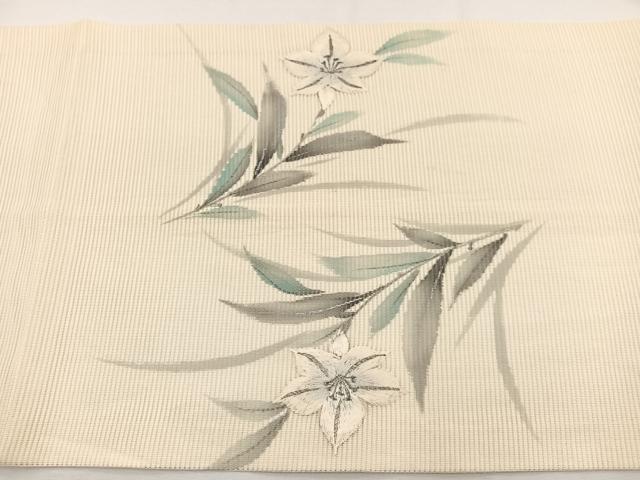 平和屋着物＊夏物　九寸開き名古屋帯　作家物　手描き　刺繍　百合　銀彩　正絹　逸品　BAAX7771hv