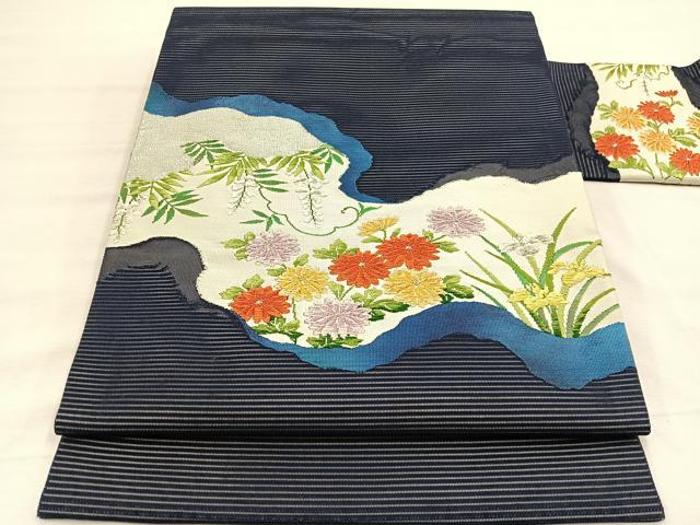 平和屋着物＊夏物　九寸名古屋帯　唐織　草花文　銀糸　正絹　逸品　BAAX7786hv
