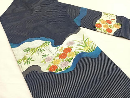 平和屋着物＊夏物　九寸名古屋帯　唐織　草花文　銀糸　正絹　逸品　BAAX7786hv