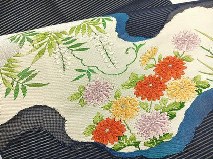 平和屋着物＊夏物　九寸名古屋帯　唐織　草花文　銀糸　正絹　逸品　BAAX7786hv