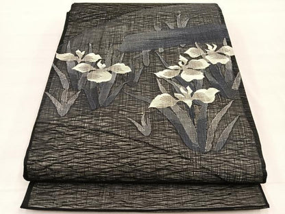 平和屋着物＊夏物　太鼓柄袋帯　すくい織　杜若　黒地　正絹　逸品　BAAX7806hv