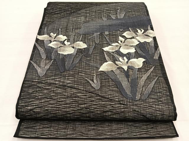 平和屋着物＊夏物　太鼓柄袋帯　すくい織　杜若　黒地　正絹　逸品　BAAX7806hv