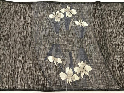 平和屋着物＊夏物　太鼓柄袋帯　すくい織　杜若　黒地　正絹　逸品　BAAX7806hv