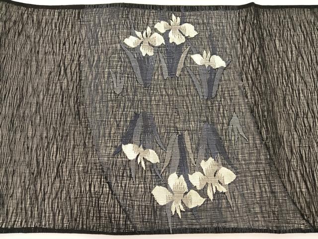 平和屋着物＊夏物　太鼓柄袋帯　すくい織　杜若　黒地　正絹　逸品　BAAX7806hv