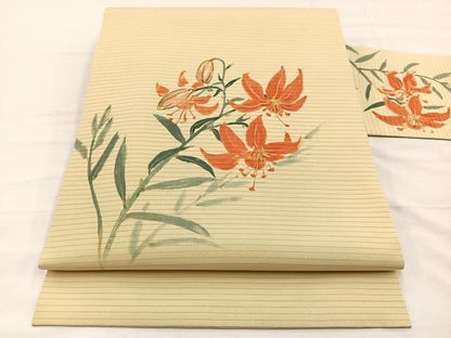 平和屋着物＊夏物　絽塩瀬　九寸名古屋帯　手描き　百合　金彩　正絹　逸品　BAAX7817hv