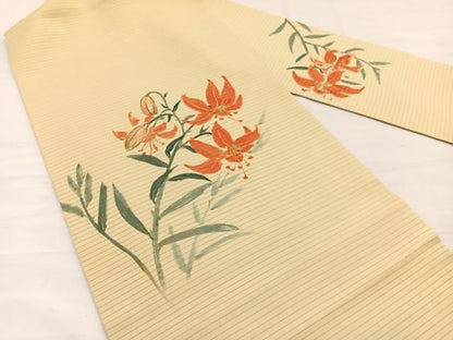 平和屋着物＊夏物　絽塩瀬　九寸名古屋帯　手描き　百合　金彩　正絹　逸品　BAAX7817hv