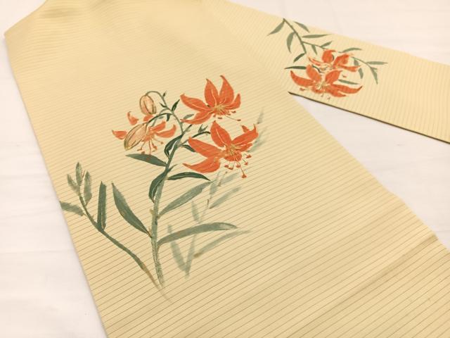 平和屋着物＊夏物　絽塩瀬　九寸名古屋帯　手描き　百合　金彩　正絹　逸品　BAAX7817hv