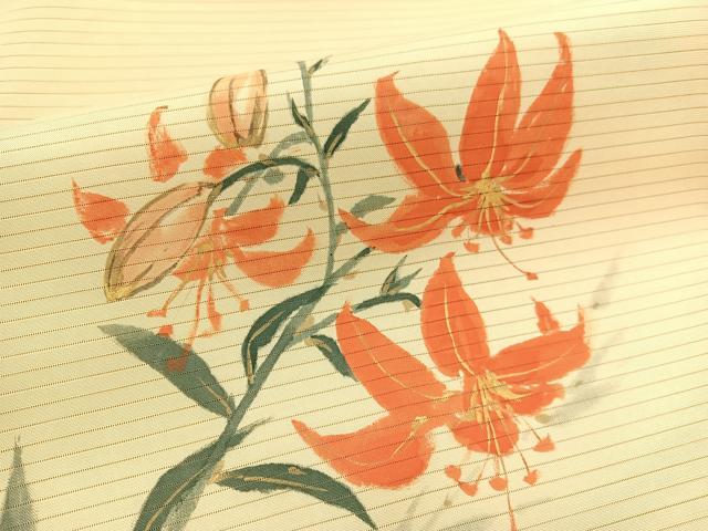 平和屋着物＊夏物　絽塩瀬　九寸名古屋帯　手描き　百合　金彩　正絹　逸品　BAAX7817hv