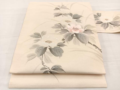 平和屋着物＊夏物　九寸名古屋帯　作家物　手描き　刺繍　枝花文　銀彩　正絹　逸品　BAAX7823hv
