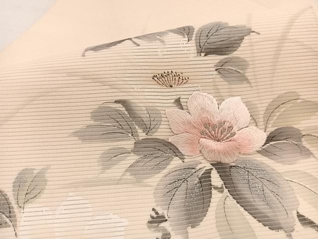平和屋着物＊夏物　九寸名古屋帯　作家物　手描き　刺繍　枝花文　銀彩　正絹　逸品　BAAX7823hv