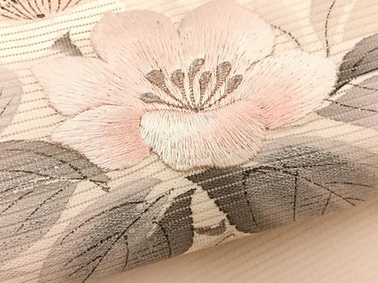 平和屋着物＊夏物　九寸名古屋帯　作家物　手描き　刺繍　枝花文　銀彩　正絹　逸品　BAAX7823hv