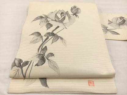 平和屋着物＊夏物　絽塩瀬　九寸名古屋帯　作家物　手描き　薔薇　正絹　逸品　BAAX7826hv