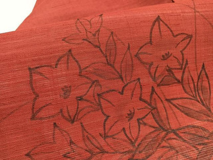 平和屋着物＊夏物　九寸名古屋帯　手描き　桔梗　麻　逸品　BAAX7838hv