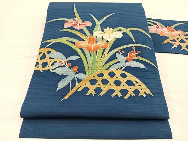 平和屋着物＊夏物　絽塩瀬　九寸名古屋帯　友禅　籬杜若　正絹　逸品　BAAX7844hv