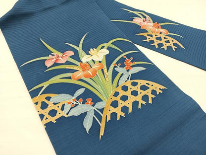 平和屋着物＊夏物　絽塩瀬　九寸名古屋帯　友禅　籬杜若　正絹　逸品　BAAX7844hv