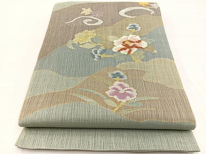 平和屋着物＊夏物　太鼓柄袋帯　すくい織　草花文　金銀糸　正絹　逸品　BAAX7858hv