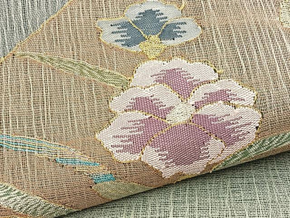 平和屋着物＊夏物　太鼓柄袋帯　すくい織　草花文　金銀糸　正絹　逸品　BAAX7858hv