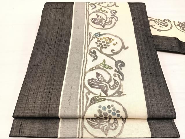 平和屋着物＊夏物　絹芭蕉　九寸名古屋帯　型染め　葡萄蔦の葉文　黒地　正絹　逸品　BAAX7861hv