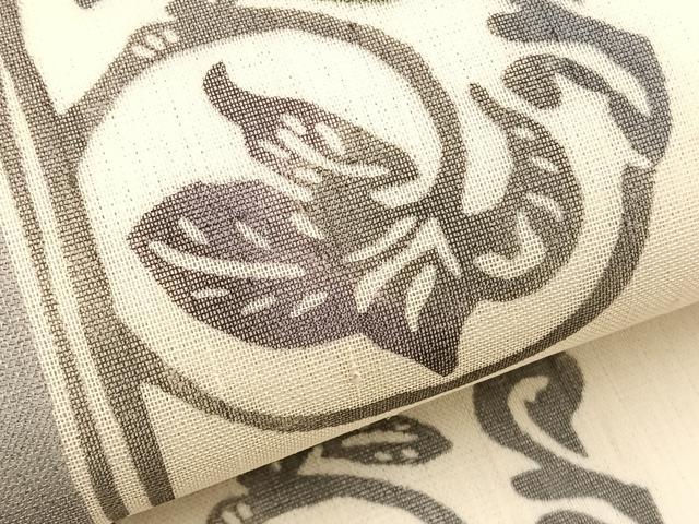平和屋着物＊夏物　絹芭蕉　九寸名古屋帯　型染め　葡萄蔦の葉文　黒地　正絹　逸品　BAAX7861hv