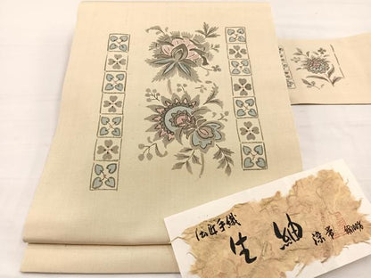 平和屋着物＊夏物　九寸名古屋帯　作家物　手描き　生紬　更紗花文　証紙付き　正絹　逸品　BAAX7875hv