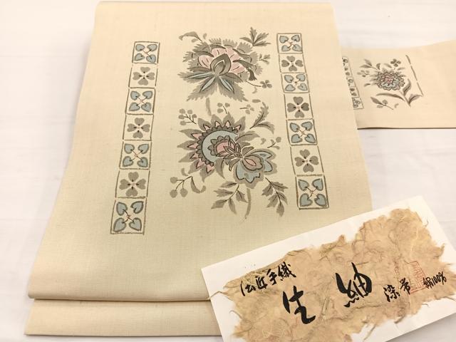 平和屋着物＊夏物　九寸名古屋帯　作家物　手描き　生紬　更紗花文　証紙付き　正絹　逸品　BAAX7875hv