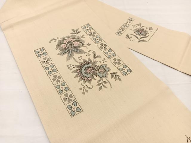 平和屋着物＊夏物　九寸名古屋帯　作家物　手描き　生紬　更紗花文　証紙付き　正絹　逸品　BAAX7875hv