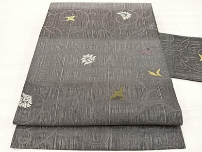 平和屋着物＊夏物　九寸名古屋帯　櫛織　花唐草文　金糸　正絹　逸品　BAAX7877hv