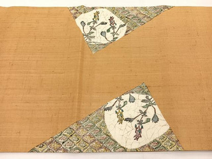 平和屋着物＊夏物　手彫木版染　佐伯武晴　九寸開き名古屋帯　紬地　枝花文　正絹　逸品　BAAX7884hv