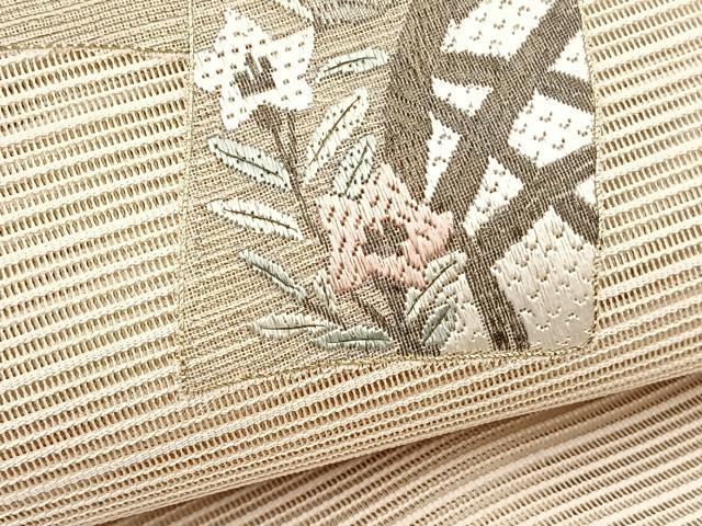 平和屋着物＊夏物　銀座きしや　八寸名古屋帯　絽綴れ　絽刺し　区限刺繍　短冊花文　金銀糸　正絹　逸品　BAAX7896hv