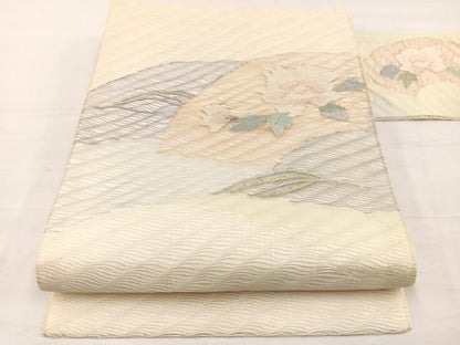 平和屋着物＊夏物　九寸名古屋帯　すくい織　地紙牡丹文　金銀糸　正絹　逸品　BAAX7898hv