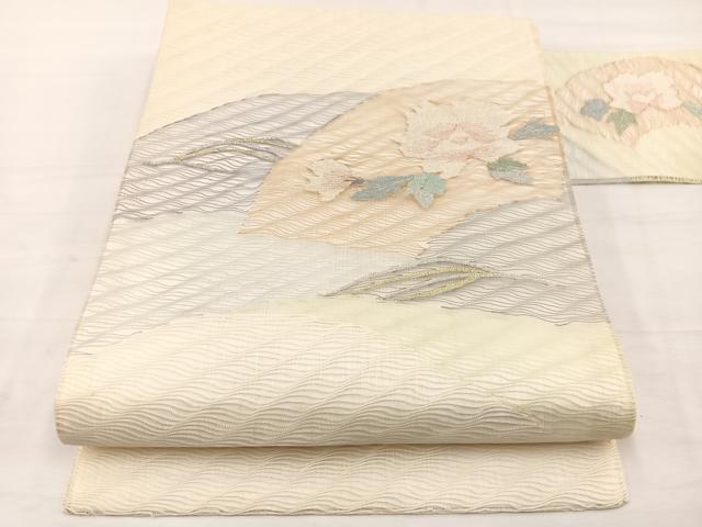 平和屋着物＊夏物　九寸名古屋帯　すくい織　地紙牡丹文　金銀糸　正絹　逸品　BAAX7898hv