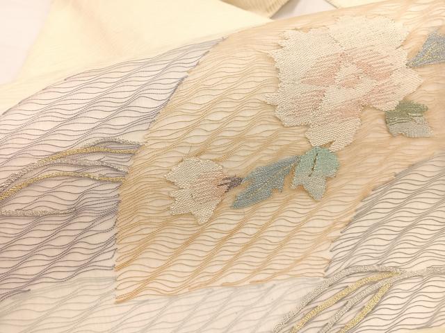 平和屋着物＊夏物　九寸名古屋帯　すくい織　地紙牡丹文　金銀糸　正絹　逸品　BAAX7898hv