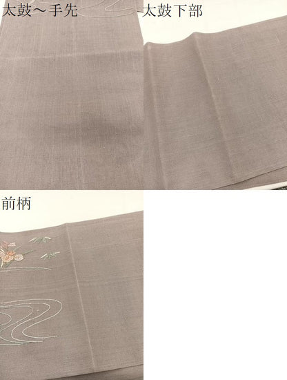 平和屋着物＊夏物　太鼓柄袋帯　絽刺し　区限刺繍　流水花文　金糸　正絹　逸品　BAAX7909hv