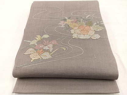平和屋着物＊夏物　太鼓柄袋帯　絽刺し　区限刺繍　流水花文　金糸　正絹　逸品　BAAX7909hv