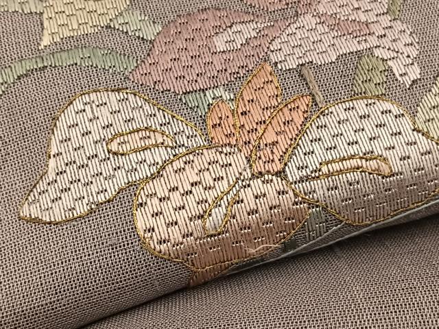 平和屋着物＊夏物　太鼓柄袋帯　絽刺し　区限刺繍　流水花文　金糸　正絹　逸品　BAAX7909hv