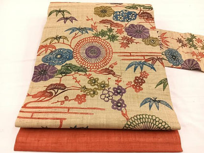 平和屋着物＊夏物　全通柄　九寸名古屋帯　紅型　紬地　松竹梅花文　正絹　逸品　BAAX7925hv