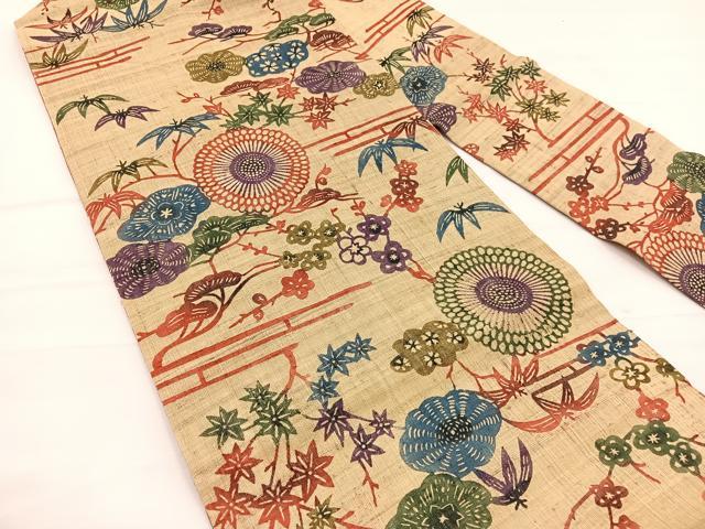 平和屋着物＊夏物　全通柄　九寸名古屋帯　紅型　紬地　松竹梅花文　正絹　逸品　BAAX7925hv