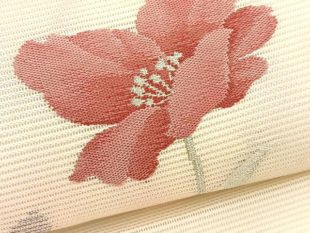 平和屋着物＊夏物　九寸名古屋帯　枝花文　銀糸　正絹　逸品　BAAX7926hv