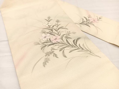 平和屋着物＊夏物　九寸名古屋帯　作家物　手描き　刺繍　枝花文　銀糸　正絹　逸品　BAAX7928hv