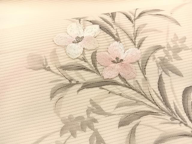 平和屋着物＊夏物　九寸名古屋帯　作家物　手描き　刺繍　枝花文　銀糸　正絹　逸品　BAAX7928hv