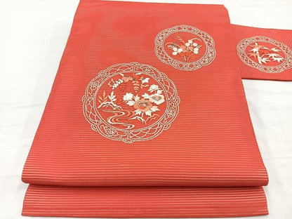 平和屋着物＊夏物　九寸名古屋帯　総刺繍　花絵皿文　正絹　逸品　BAAX7955hv