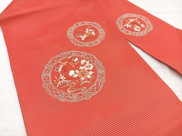 平和屋着物＊夏物　九寸名古屋帯　総刺繍　花絵皿文　正絹　逸品　BAAX7955hv