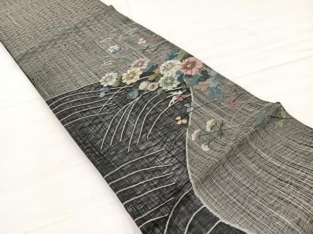 平和屋着物＊夏物　太鼓柄袋帯　すくい織　立波花文　黒地　銀糸　正絹　逸品　BAAX7960hv