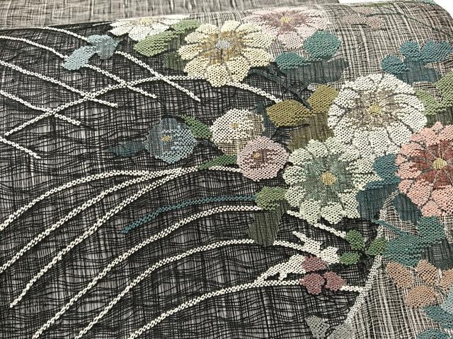 平和屋着物＊夏物　太鼓柄袋帯　すくい織　立波花文　黒地　銀糸　正絹　逸品　BAAX7960hv