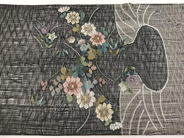 平和屋着物＊夏物　太鼓柄袋帯　すくい織　立波花文　黒地　銀糸　正絹　逸品　BAAX7960hv