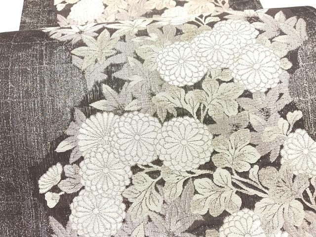 平和屋着物＊夏物　全通柄袋帯　楓地文に菊　黒地　銀糸　正絹　逸品　未使用　BAAX7968hv