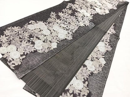 平和屋着物＊夏物　全通柄袋帯　楓地文に菊　黒地　銀糸　正絹　逸品　未使用　BAAX7968hv