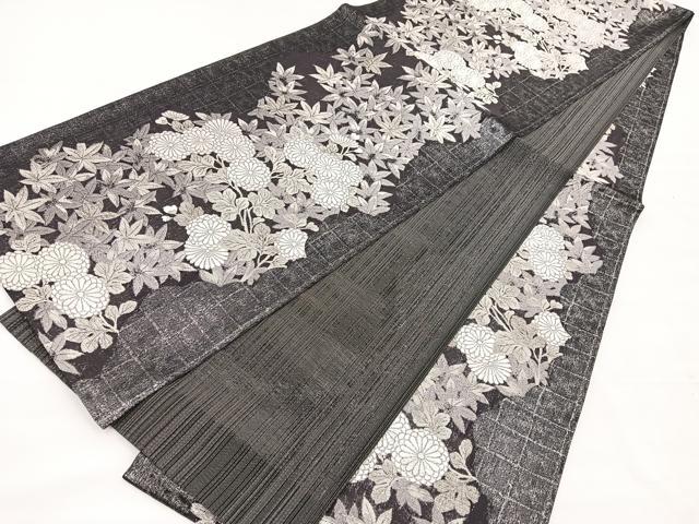平和屋着物＊夏物　全通柄袋帯　楓地文に菊　黒地　銀糸　正絹　逸品　未使用　BAAX7968hv